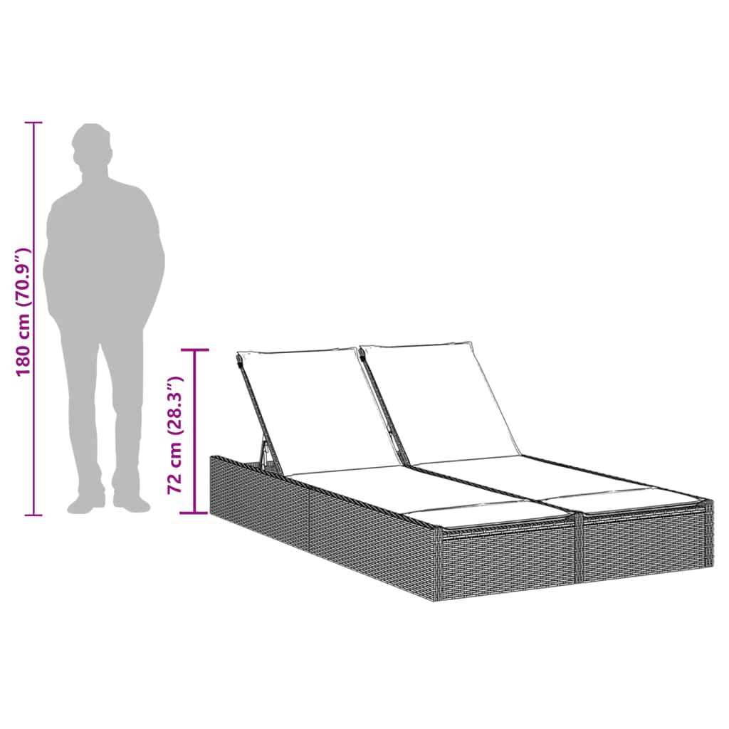 Double sun lounger with cushions in grey poly rattan