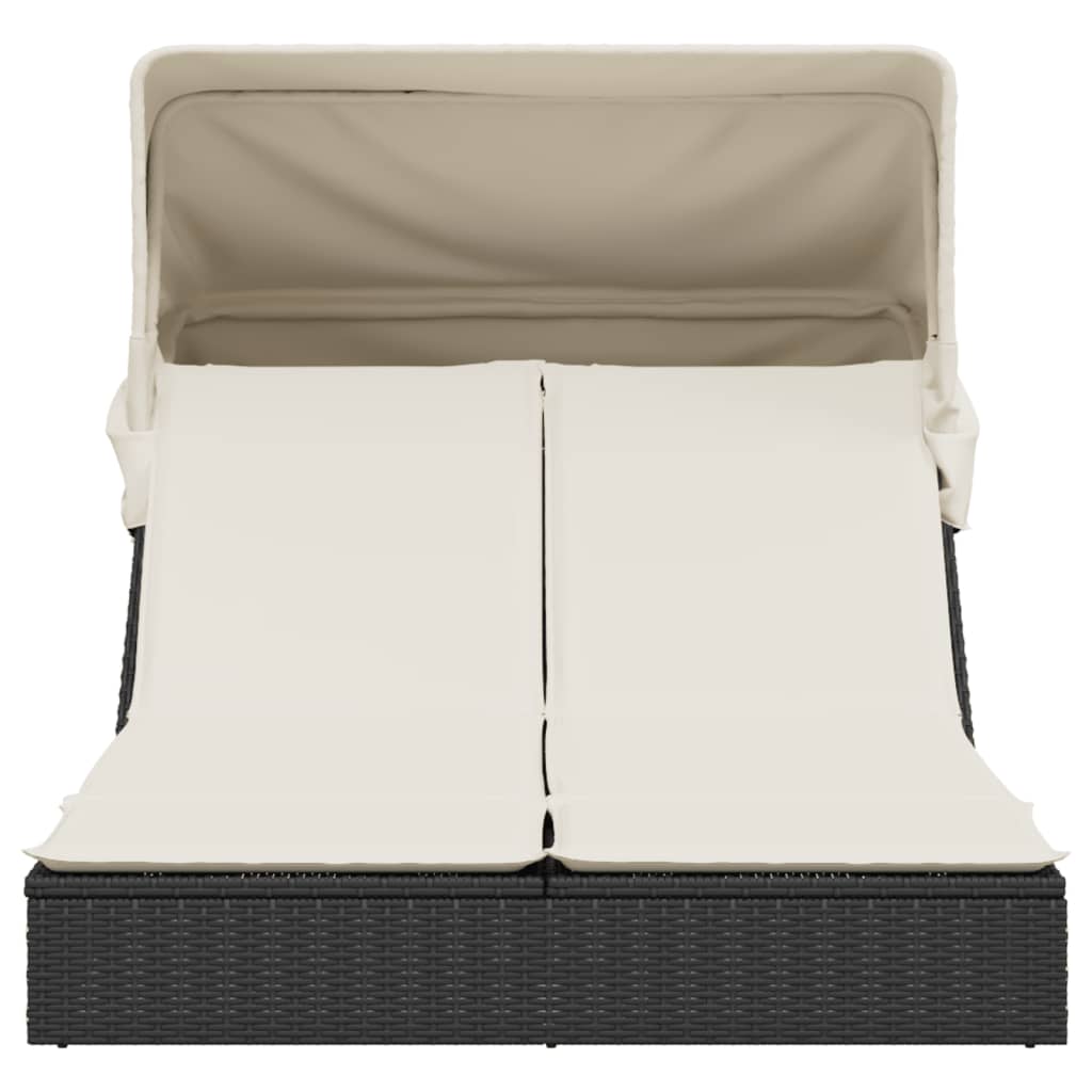 Double sun lounger with canopy and cushions in black poly rattan