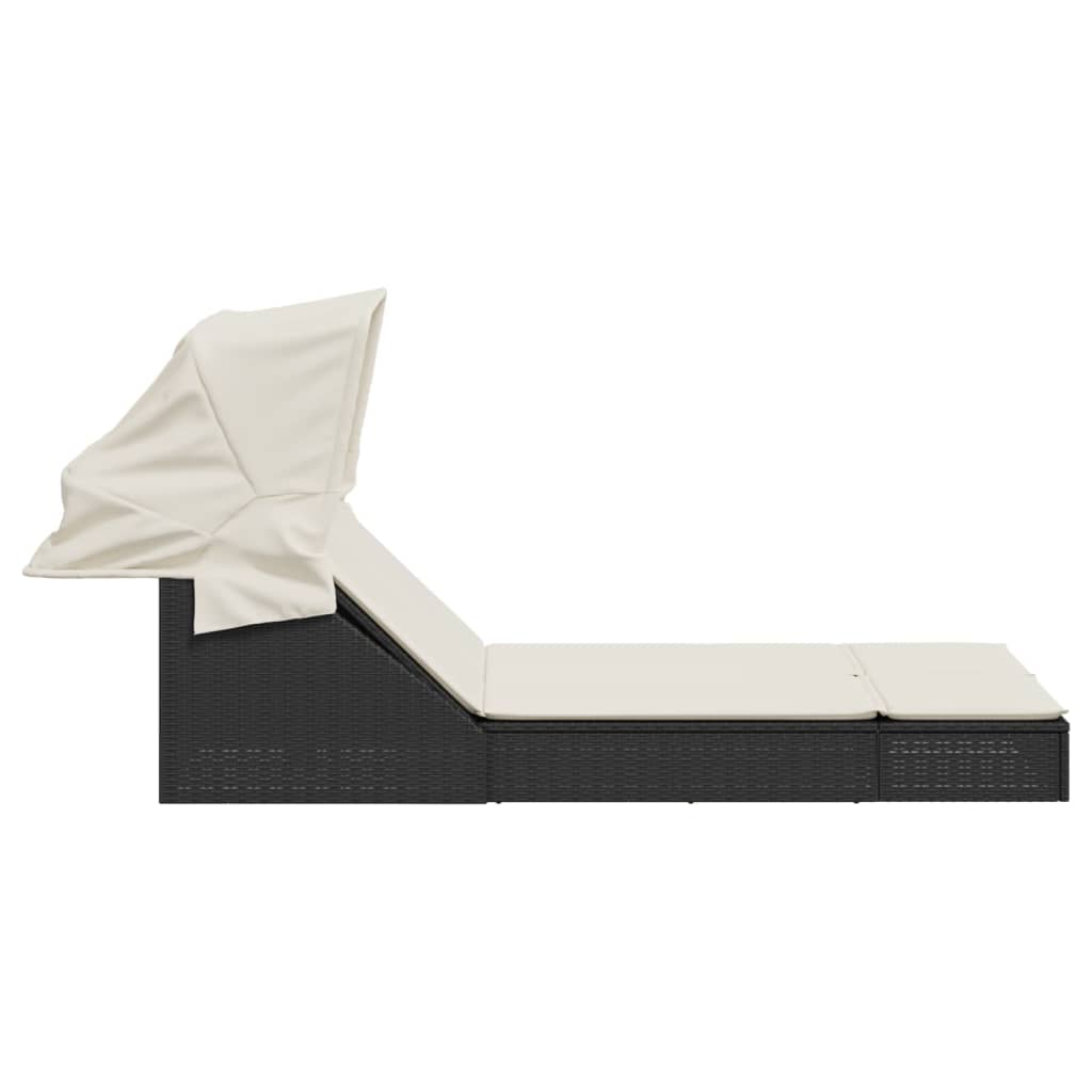 Double sun lounger with canopy and cushions in black poly rattan