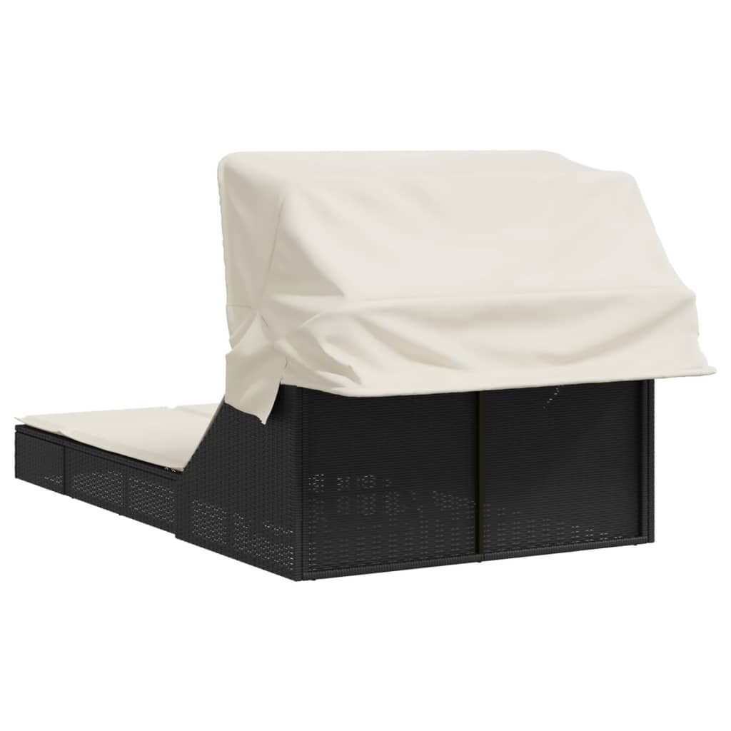 Double sun lounger with canopy and cushions in black poly rattan