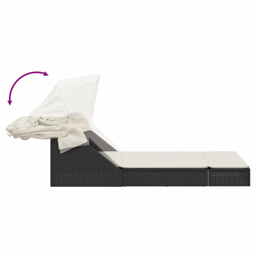 Double sun lounger with canopy and cushions in black poly rattan