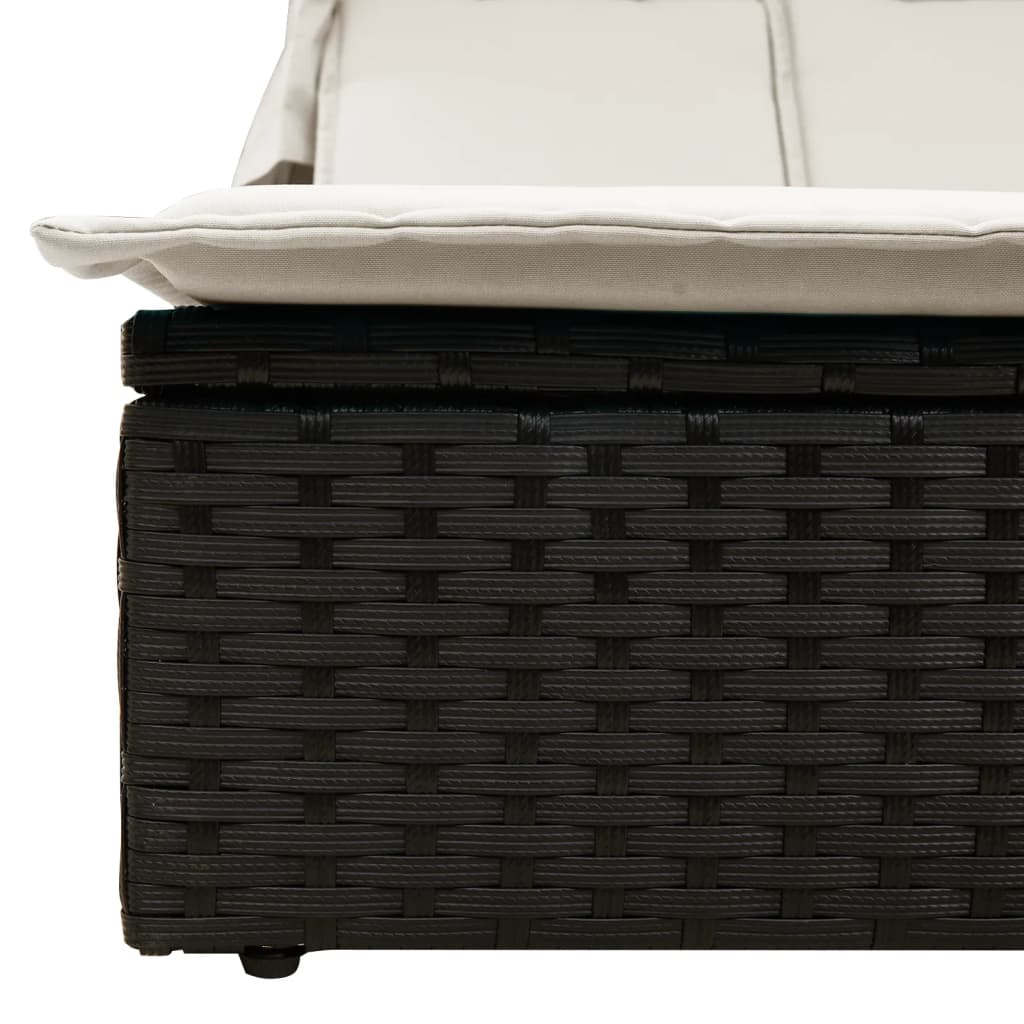 Double sun lounger with canopy and cushions in black poly rattan