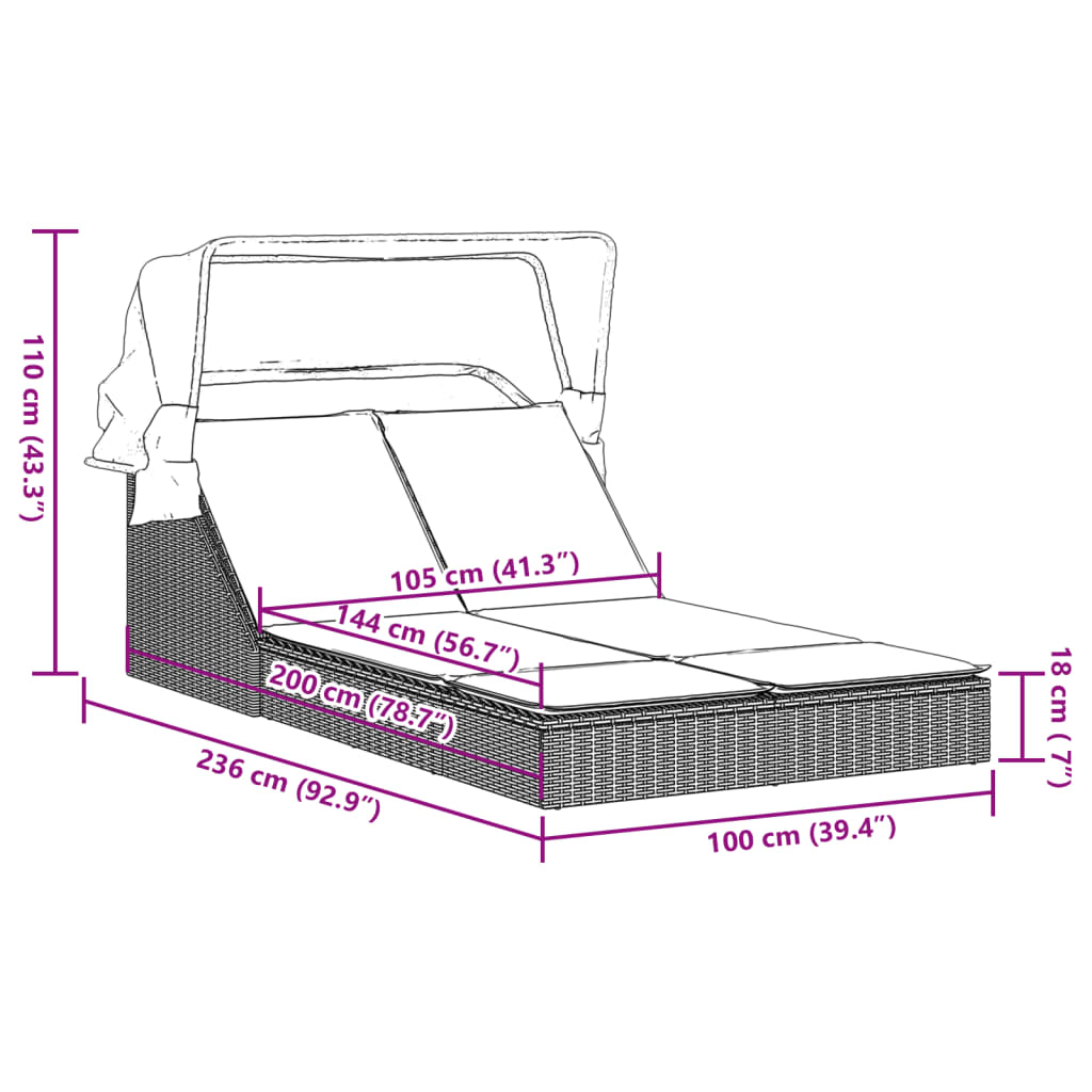Double sun lounger with canopy and cushions in black poly rattan