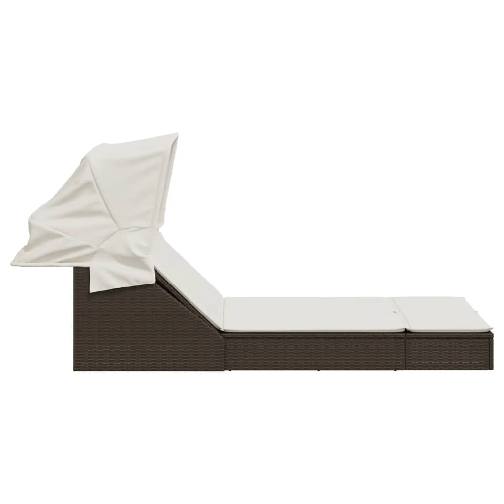 Double sun lounger with canopy and cushions in brown poly rattan