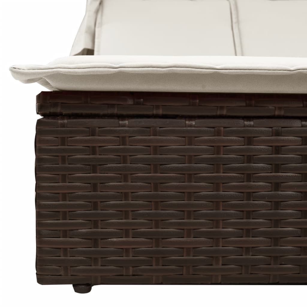 Double sun lounger with canopy and cushions in brown poly rattan