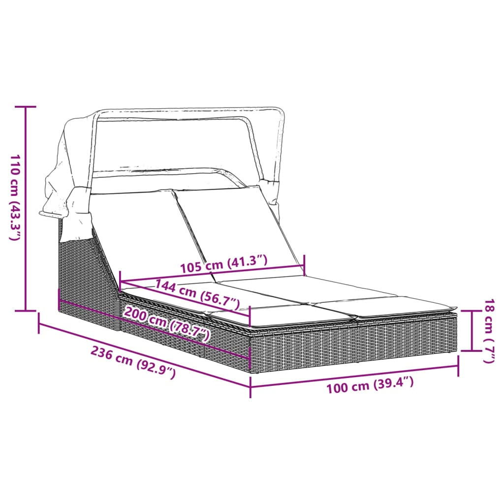 Double sun lounger with canopy and cushions in brown poly rattan