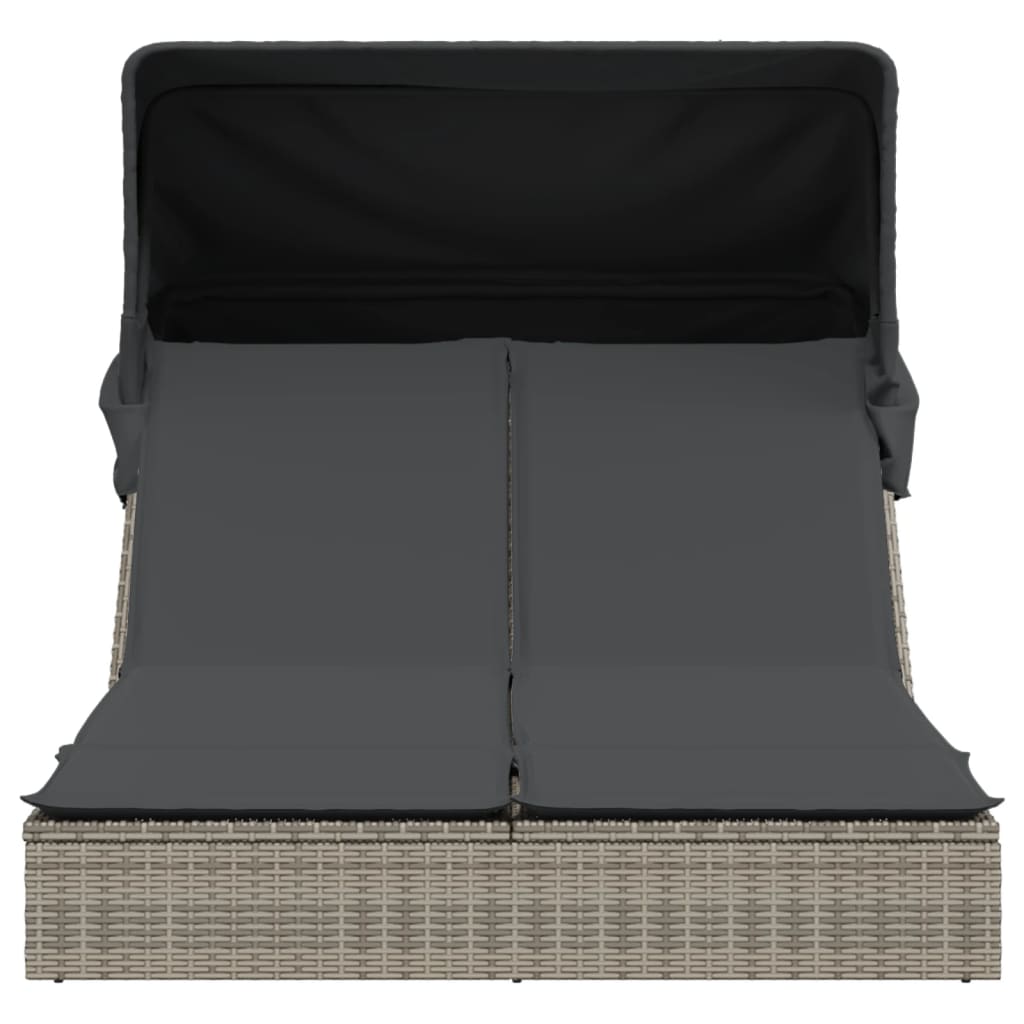 Double sun lounger with canopy and cushions in grey poly rattan