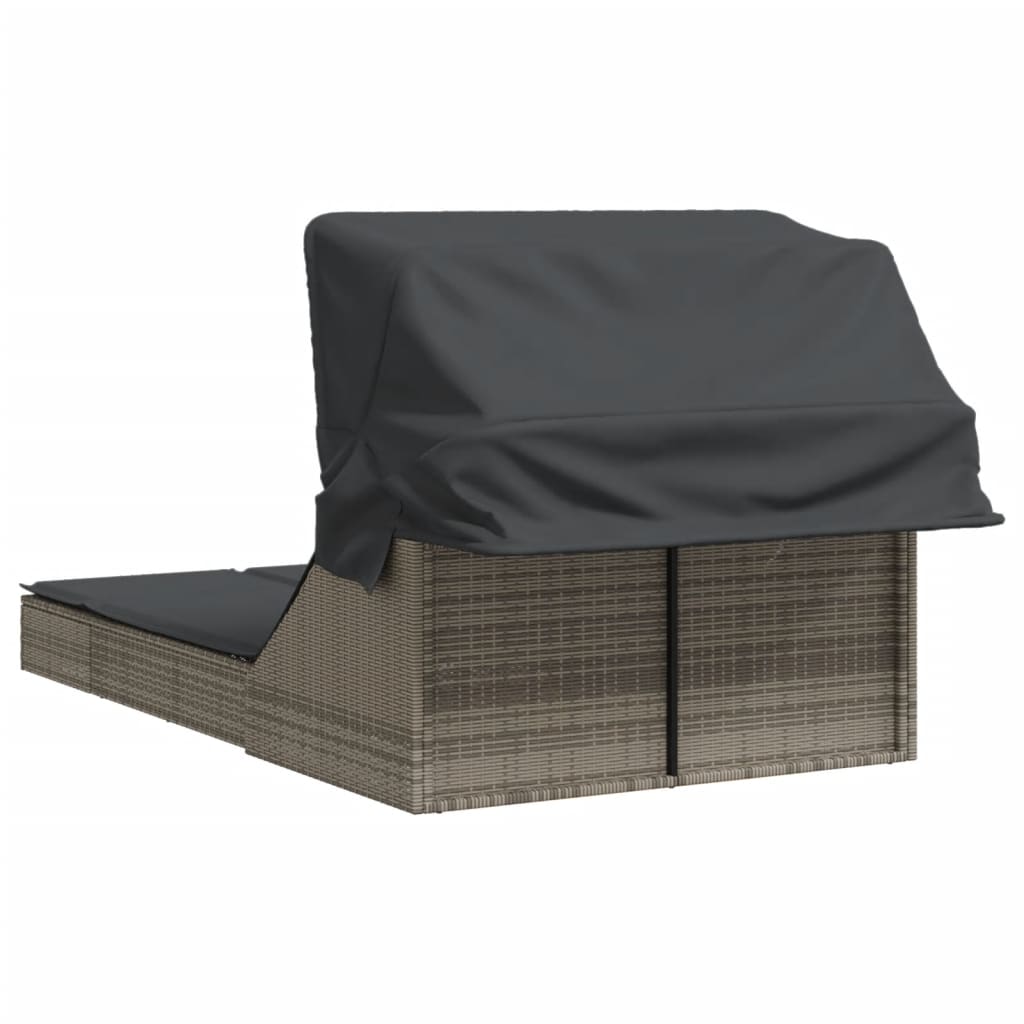 Double sun lounger with canopy and cushions in grey poly rattan