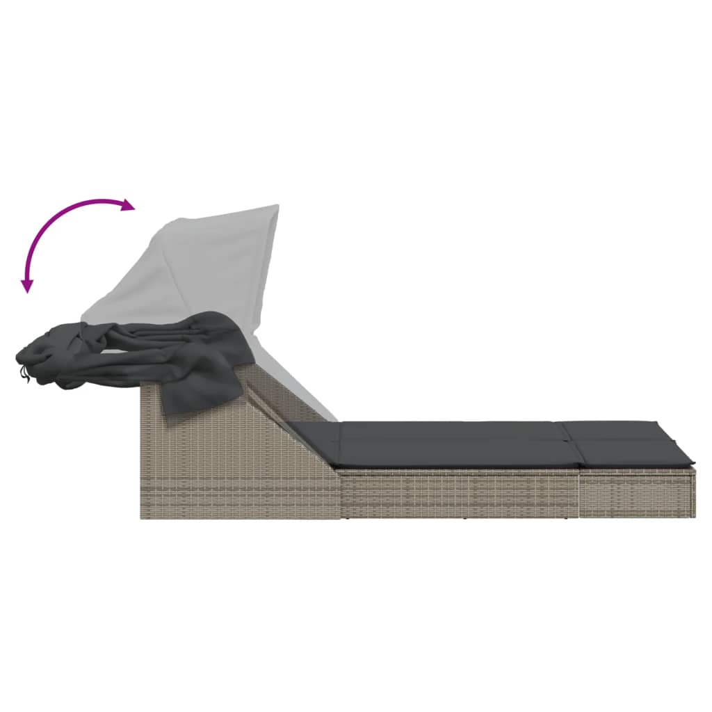 Double sun lounger with canopy and cushions in grey poly rattan