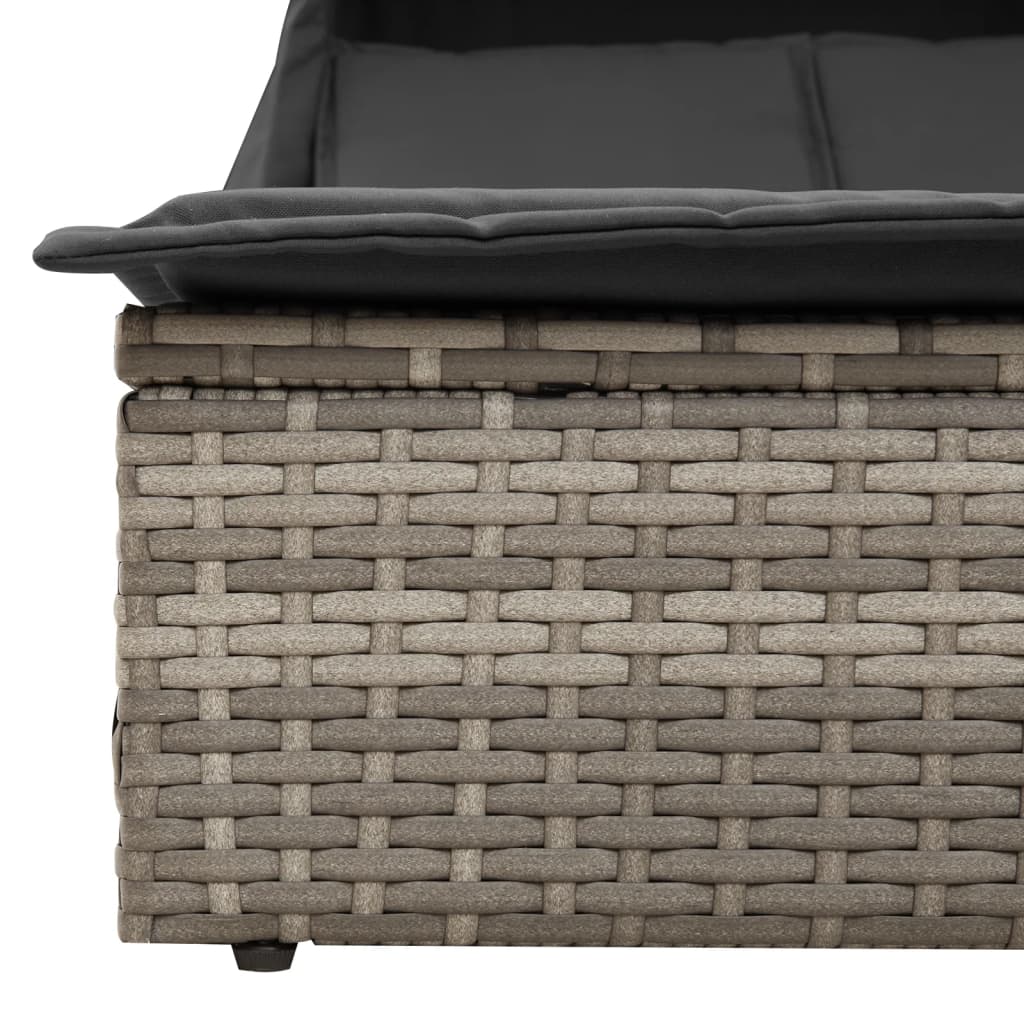 Double sun lounger with canopy and cushions in grey poly rattan