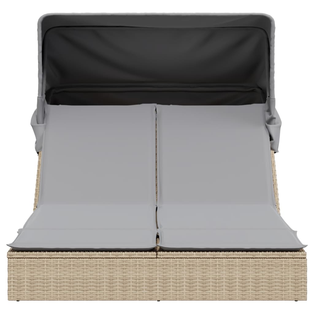 Double sun lounger with canopy and cushions in beige PE wicker