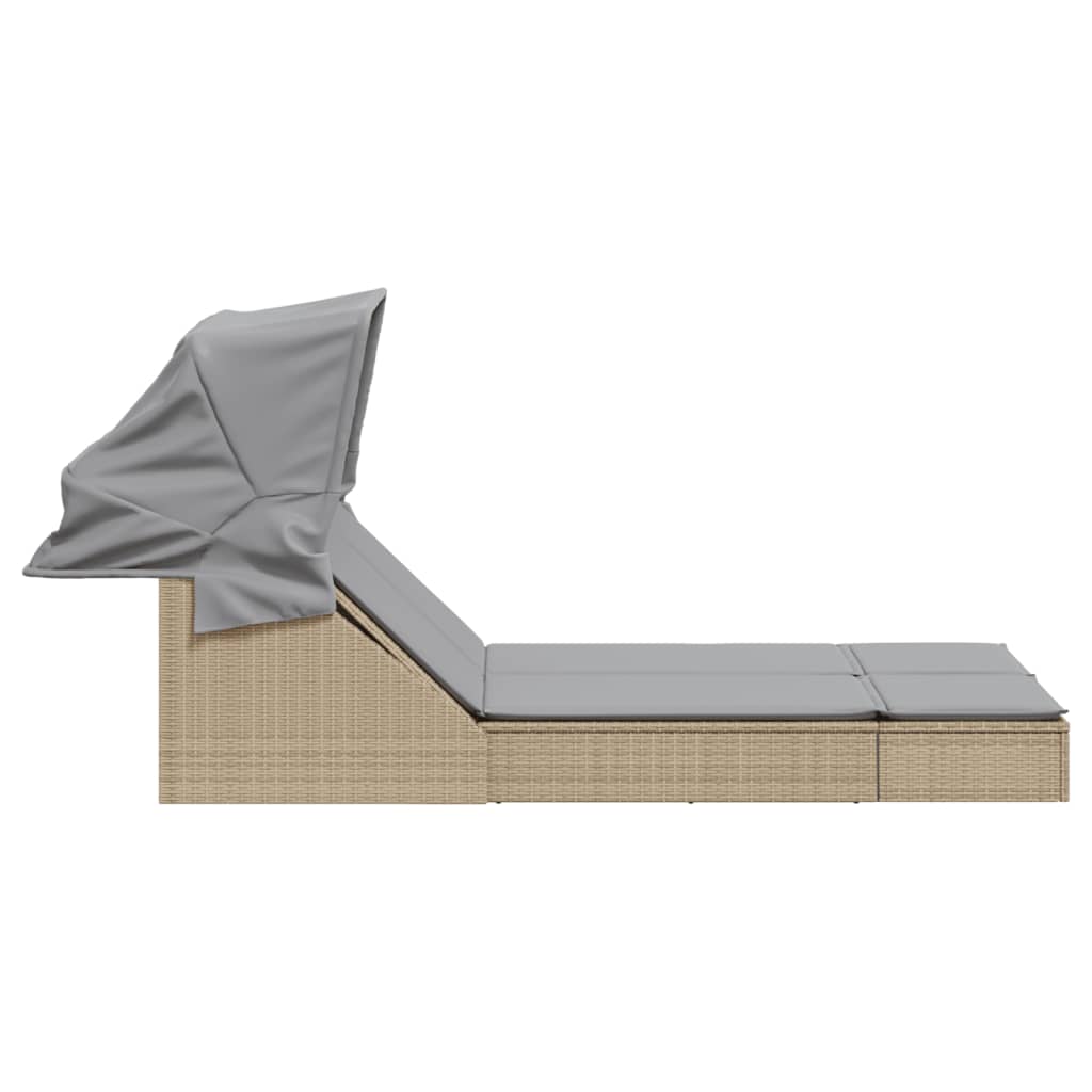 Double sun lounger with canopy and cushions in beige PE wicker