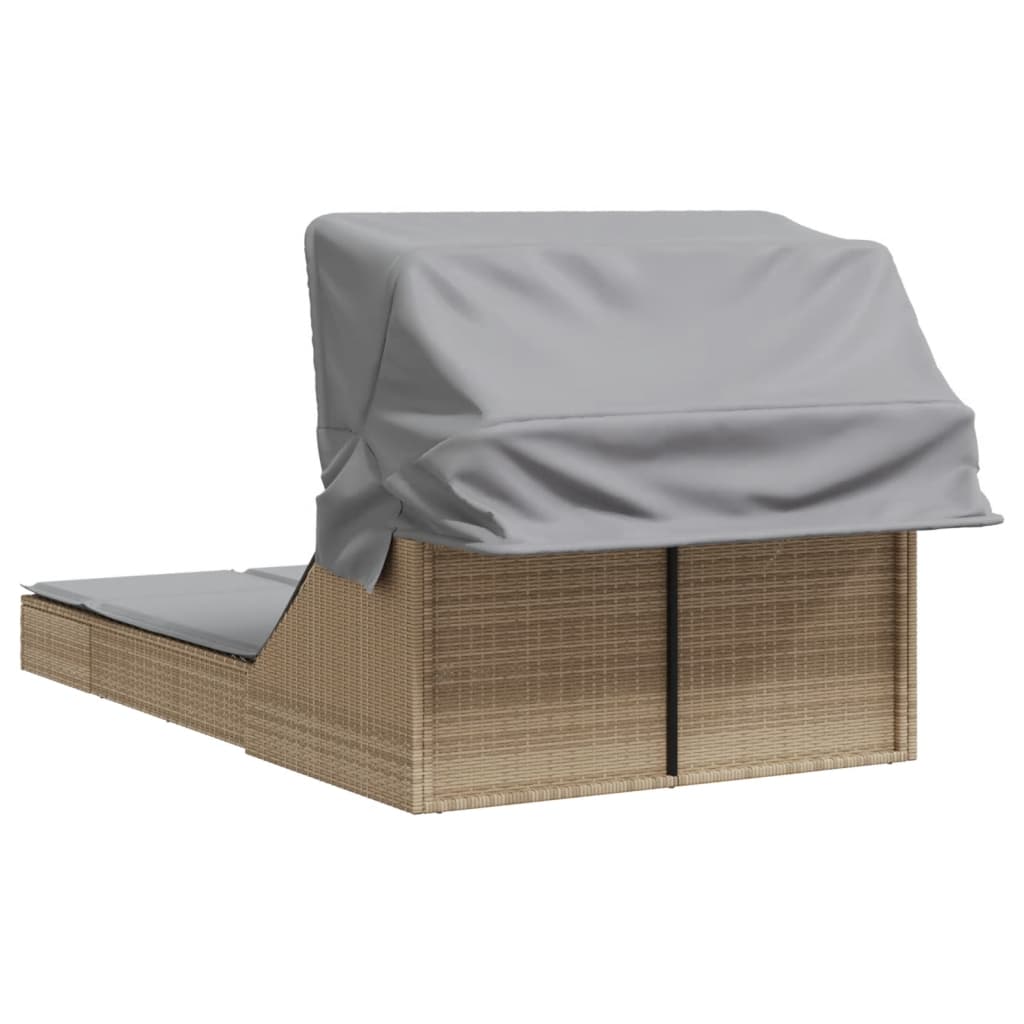 Double sun lounger with canopy and cushions in beige PE wicker