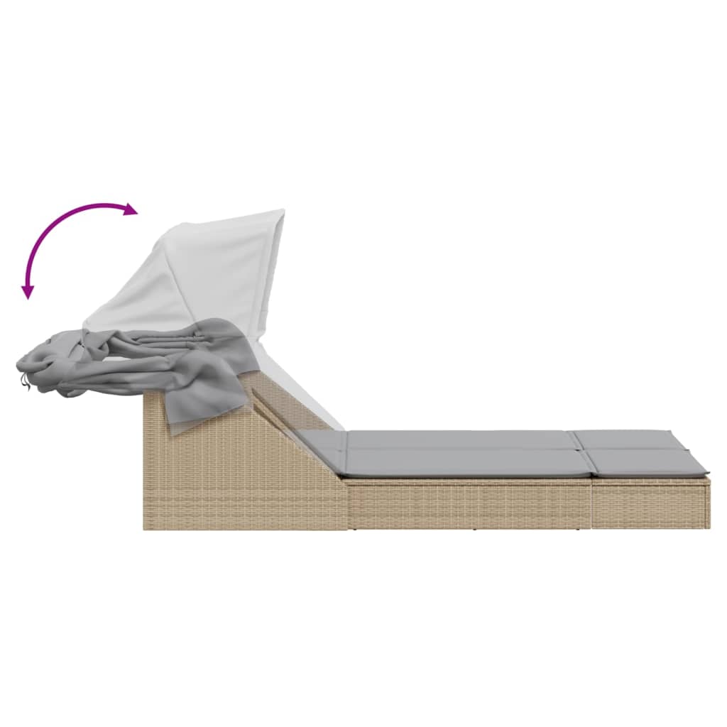Double sun lounger with canopy and cushions in beige PE wicker