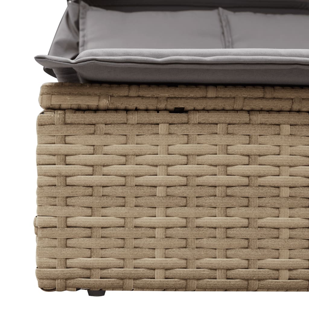 Double sun lounger with canopy and cushions in beige PE wicker