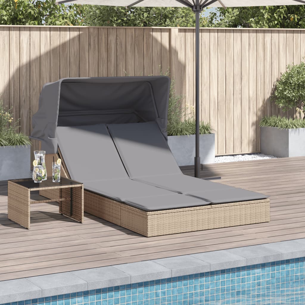 Double sun lounger with canopy and cushions in beige PE wicker