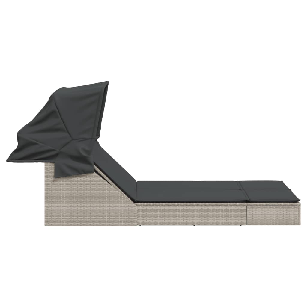 Double sun lounger with canopy and cushions in light grey PE wicker