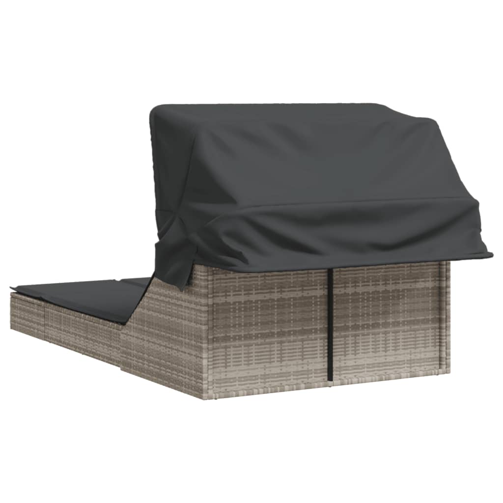 Double sun lounger with canopy and cushions in light grey PE wicker
