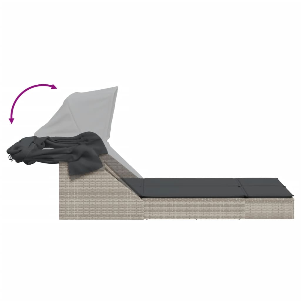 Double sun lounger with canopy and cushions in light grey PE wicker