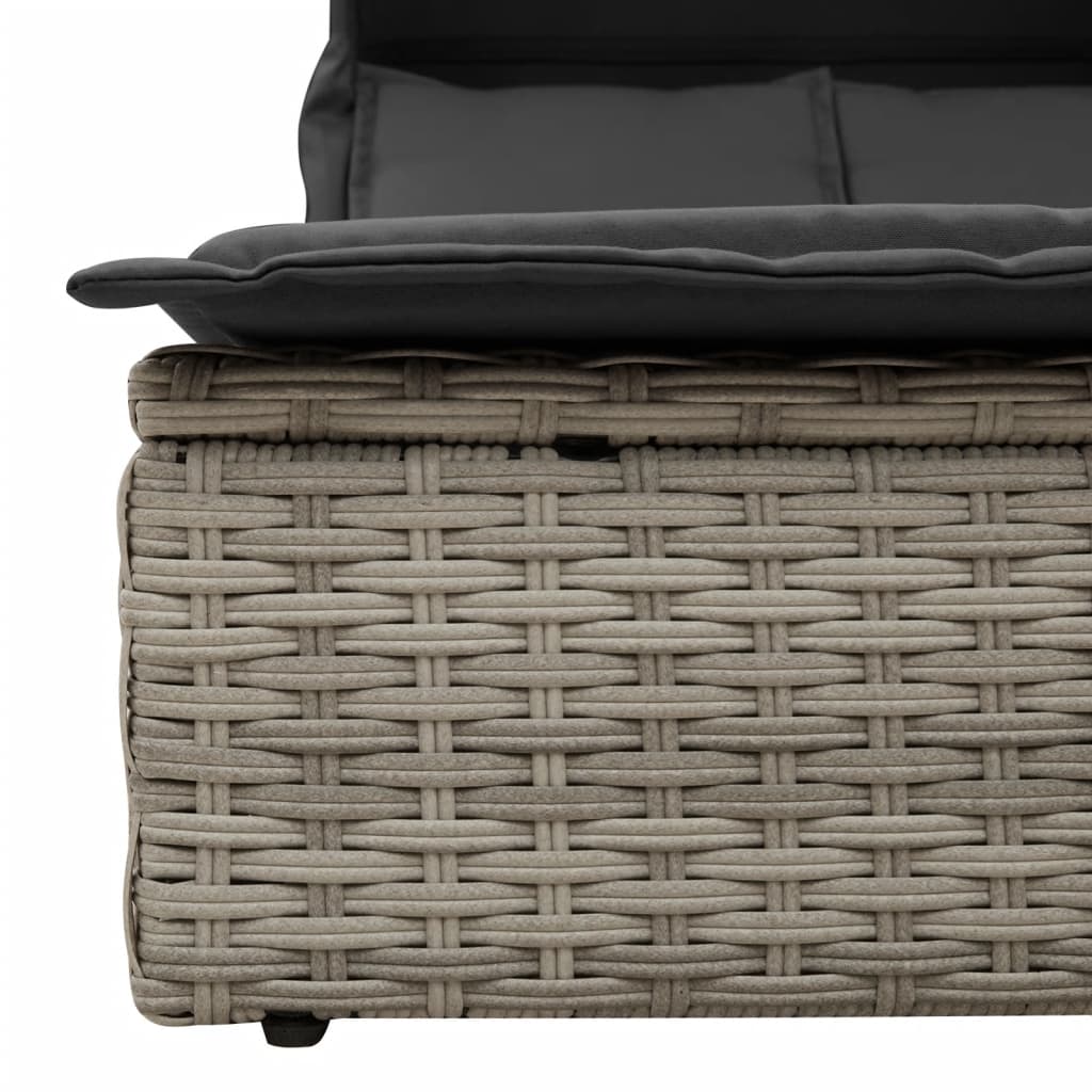 Double sun lounger with canopy and cushions in light grey PE wicker