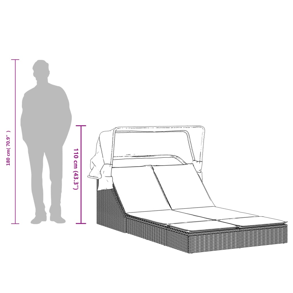 Double sun lounger with canopy and cushions in light grey PE wicker