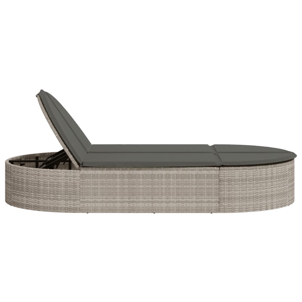 Double sun lounger with cushions in light grey poly rattan