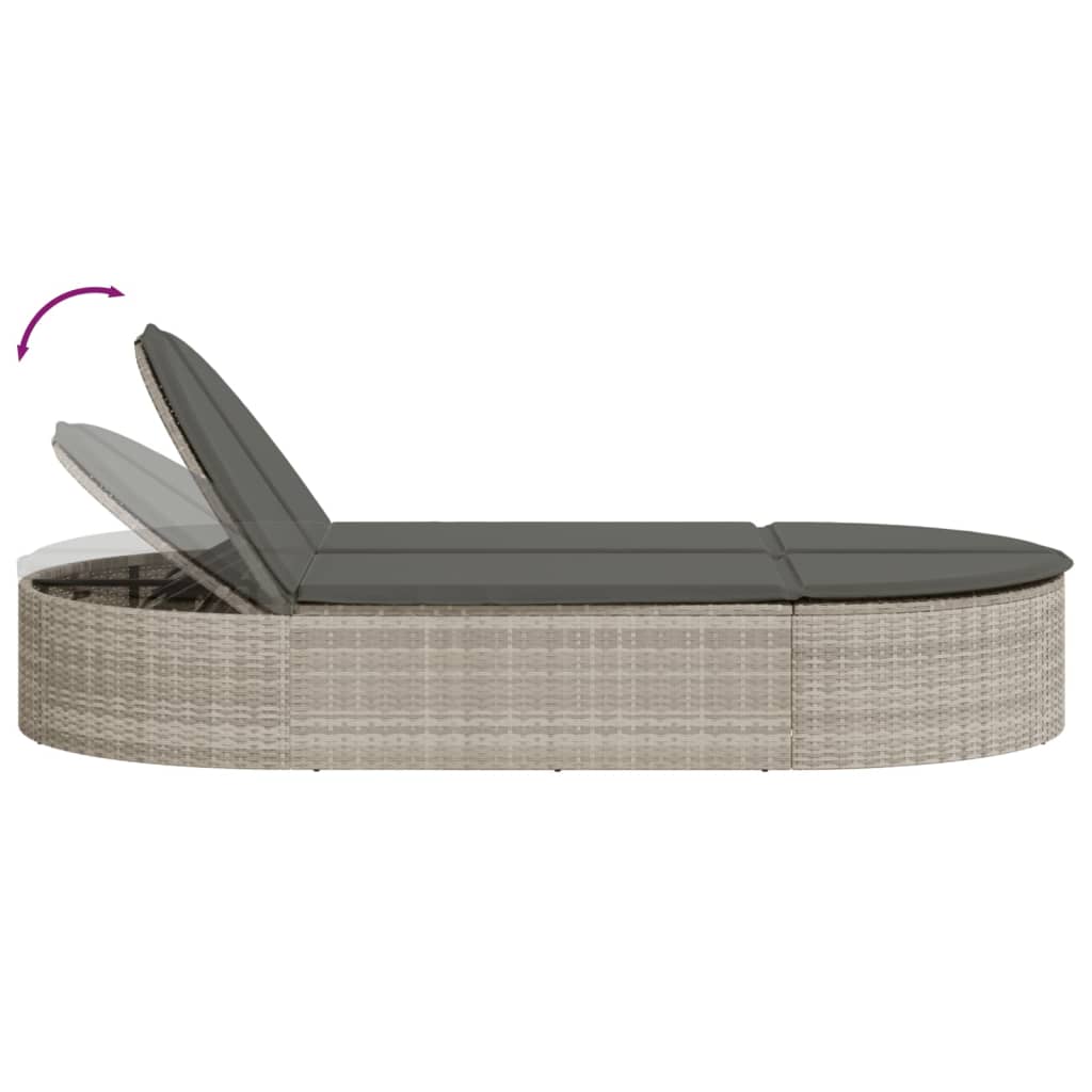 Double sun lounger with cushions in light grey poly rattan