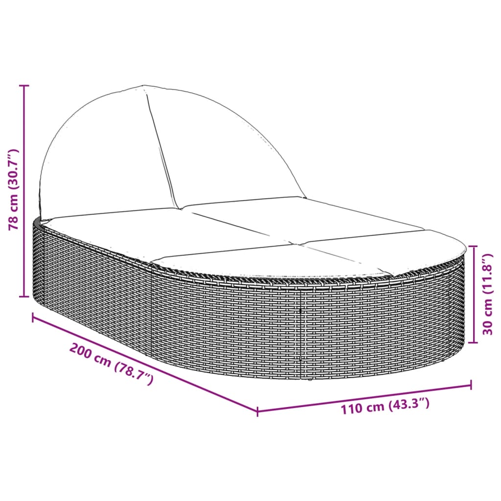 Double sun lounger with cushions in light grey poly rattan