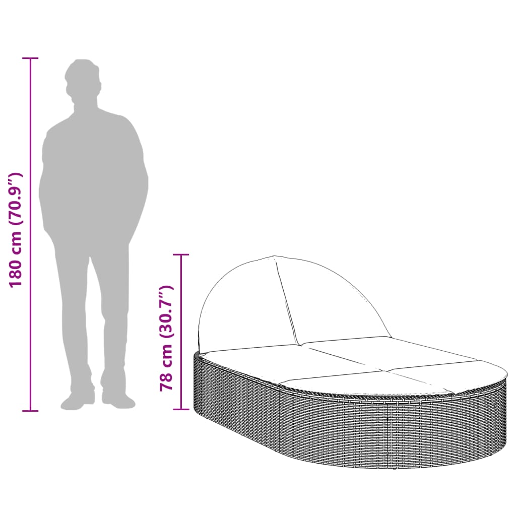 Double sun lounger with cushions in light grey poly rattan