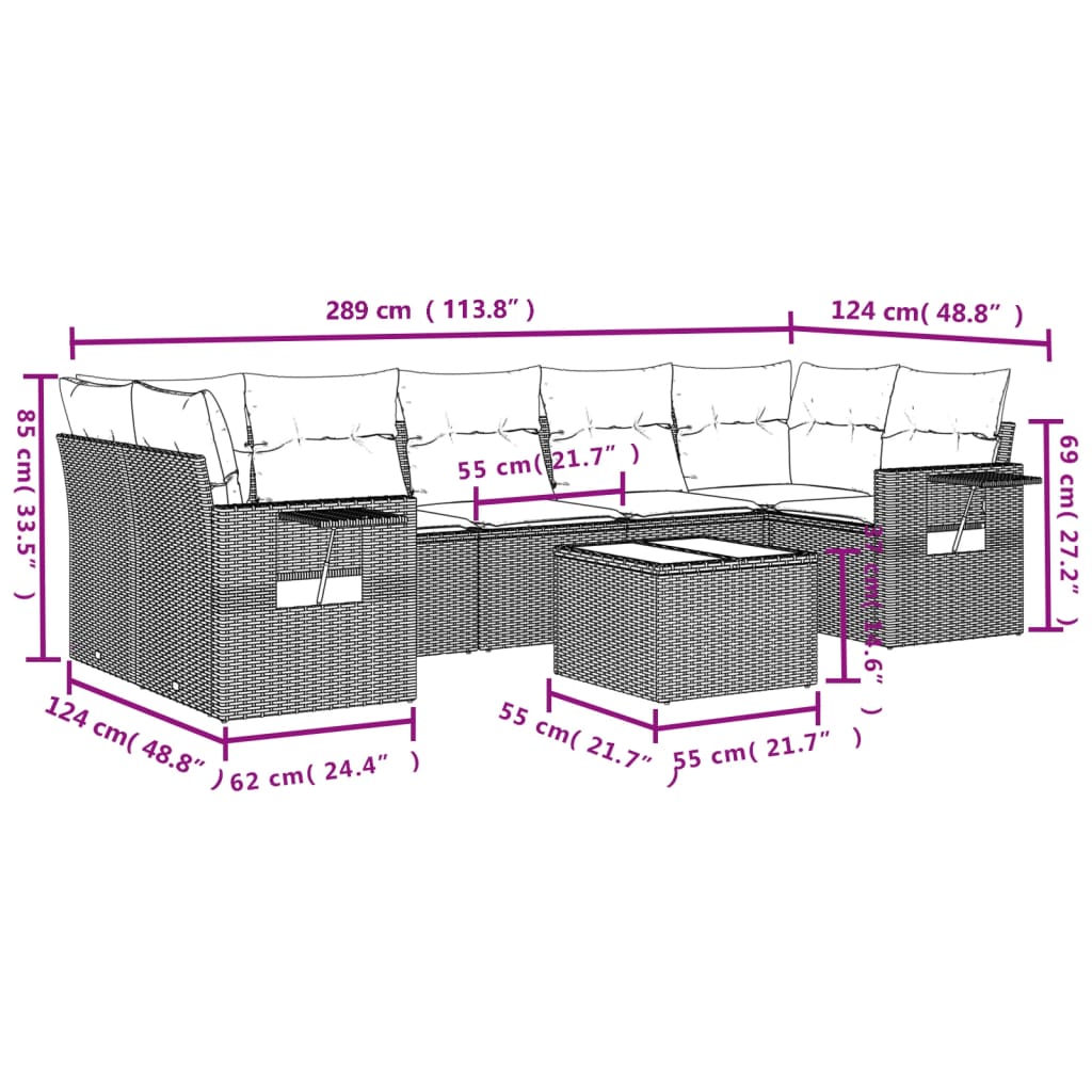 8 pcs conjunto sofás de jardim c/ almofadões vime PE castanho