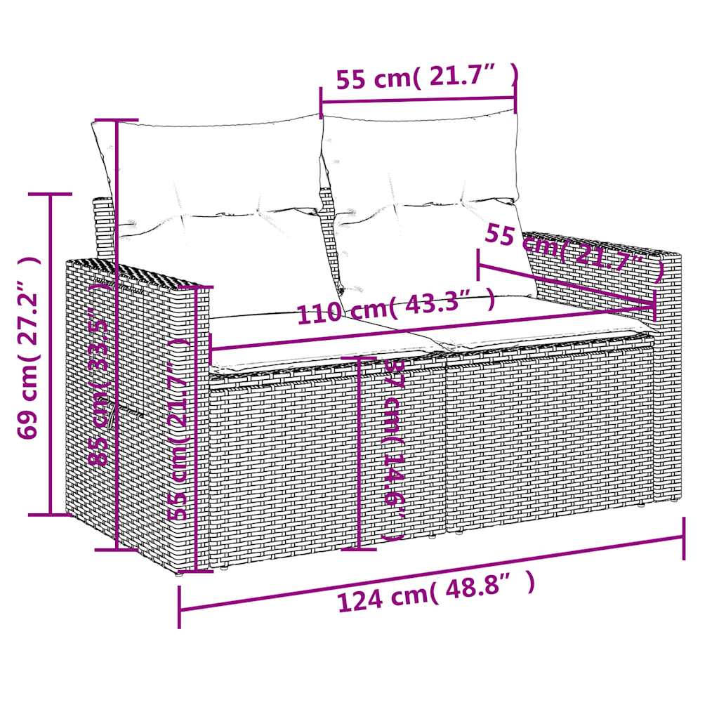 8 pcs conj. sofás jardim c/ almofadões vime PE cinzento-claro