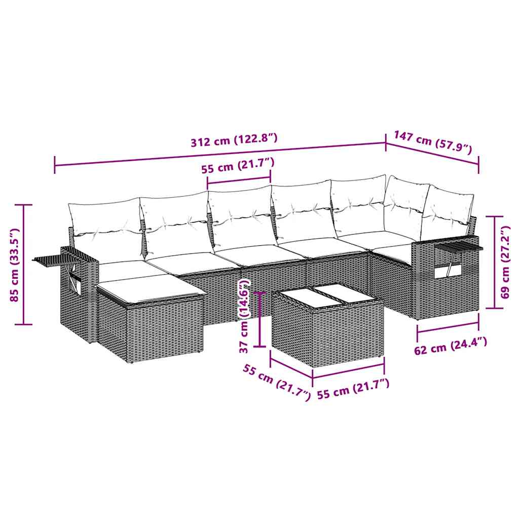 8 pcs conj. sofás jardim c/ almofadões vime PE cinzento-claro