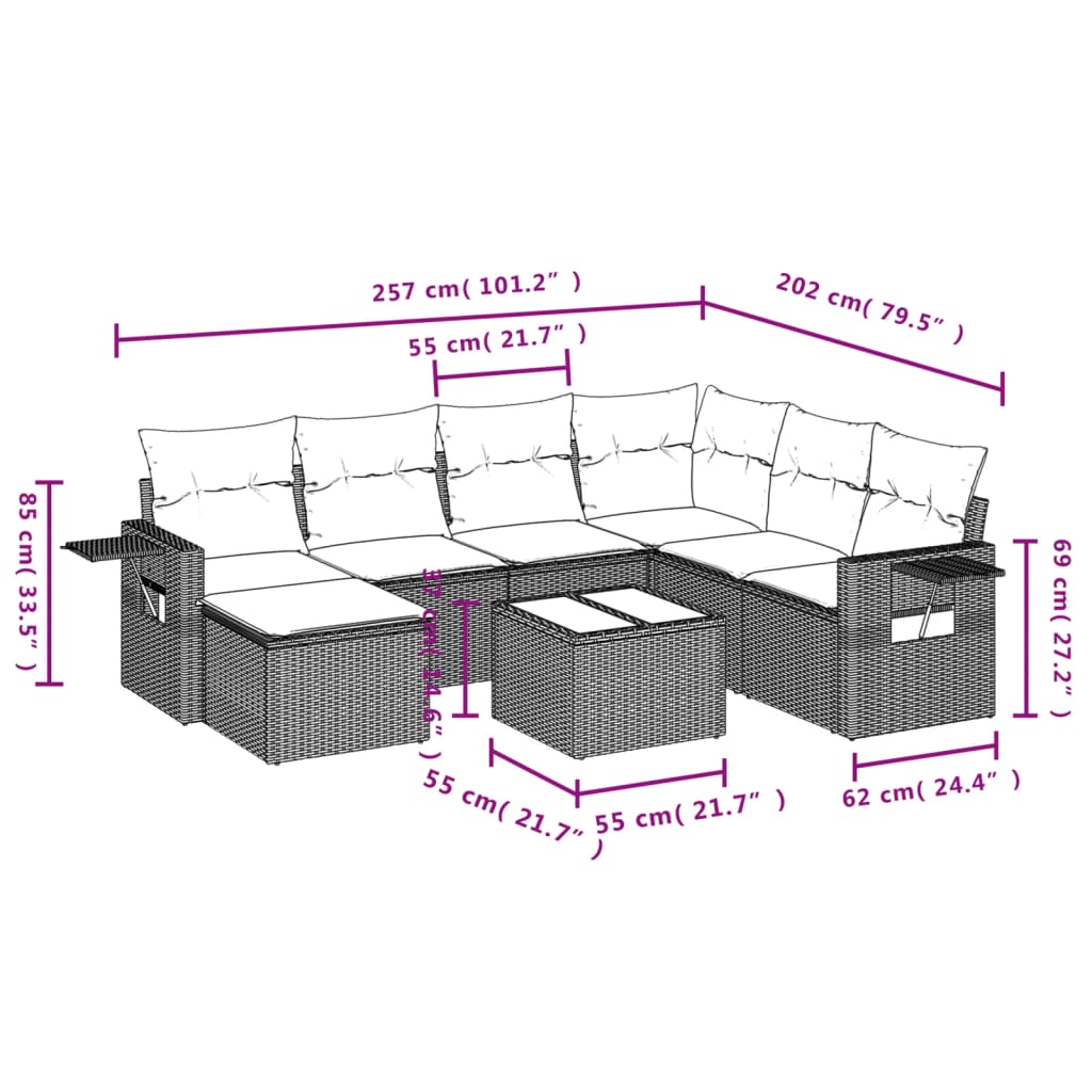 8 pcs conjunto de sofás p/ jardim com almofadões vime PE bege