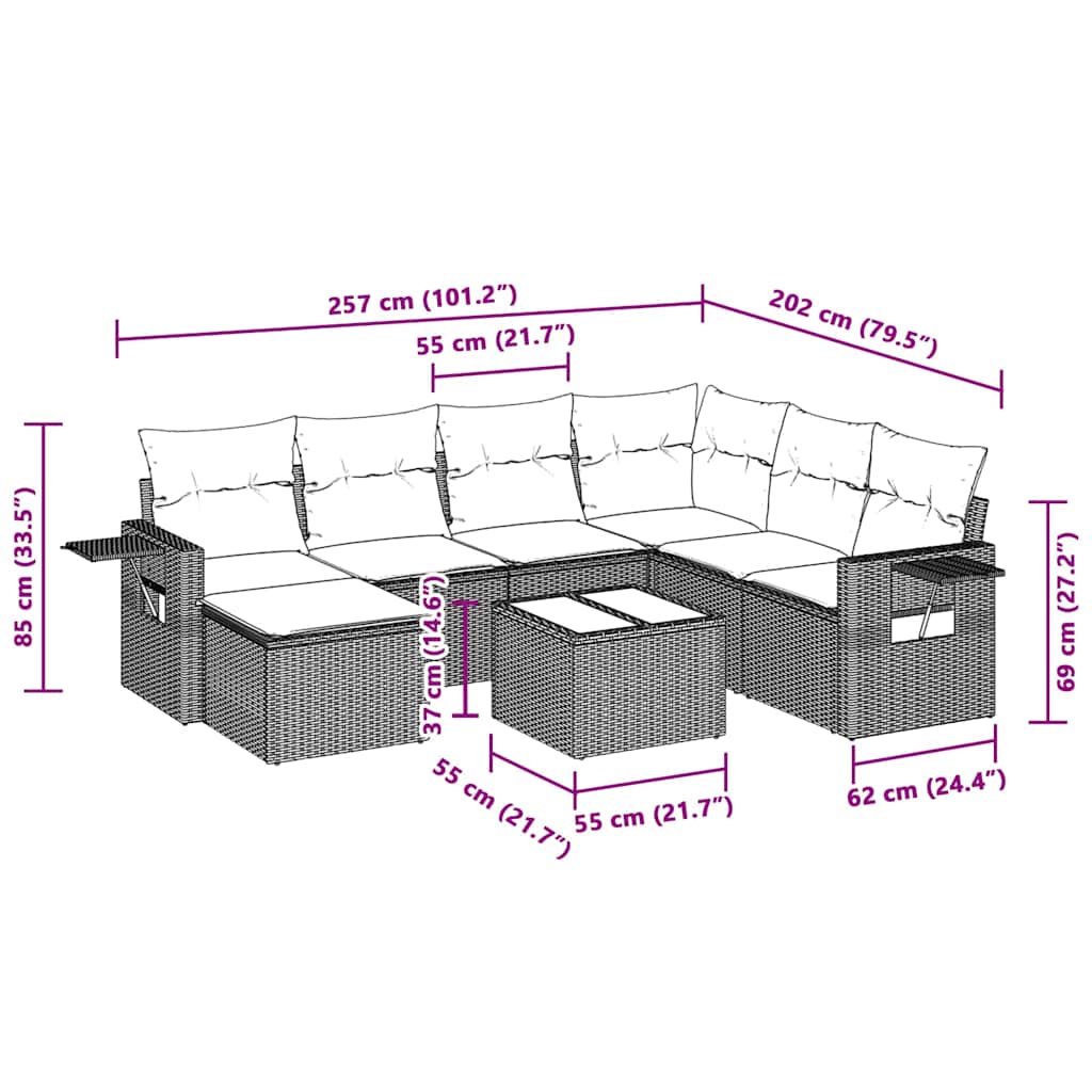 8 pcs conj. sofás jardim c/ almofadões vime PE cinzento-claro