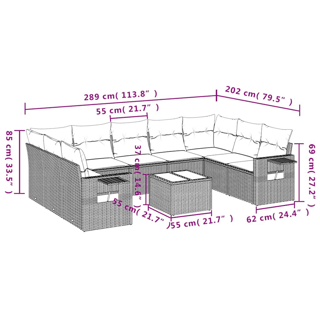 10 pcs conj. sofás jardim com almofadões vime PE cinzento-claro
