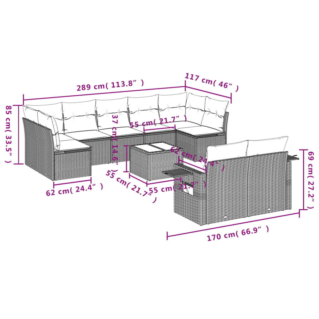 10 pcs conjunto de sofás p/ jardim com almofadões vime PE bege
