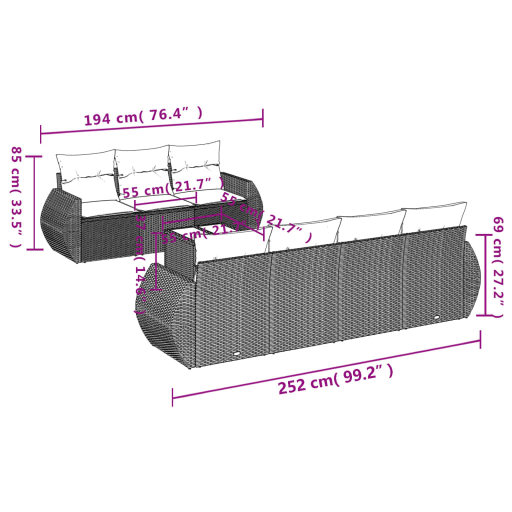 8 pcs conjunto sofás de jardim c/ almofadões vime PE castanho