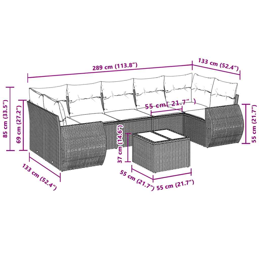 8 pcs conj. sofás jardim c/ almofadões vime PE cinzento-claro