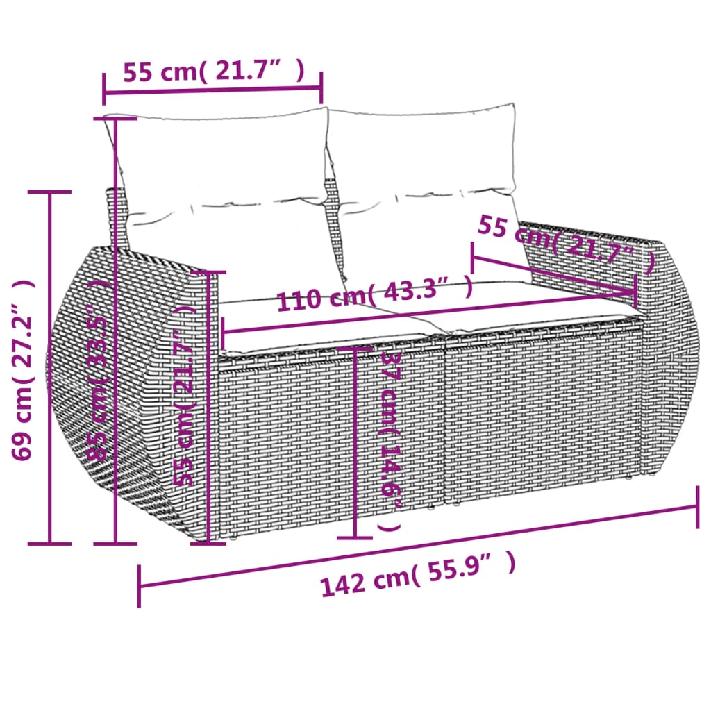 8 pcs conjunto sofás de jardim c/ almofadões vime PE castanho