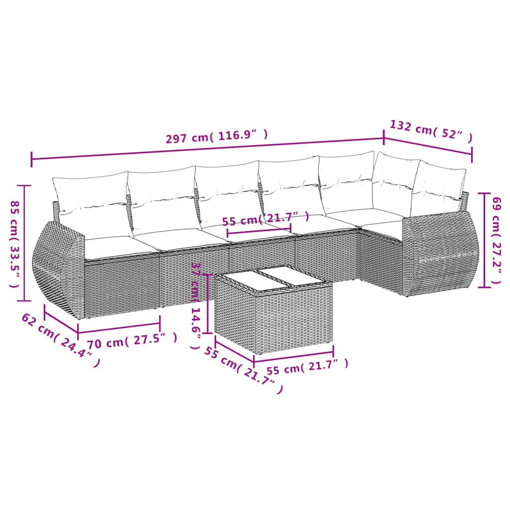 7 pcs conjunto de sofás p/ jardim com almofadões vime PE bege