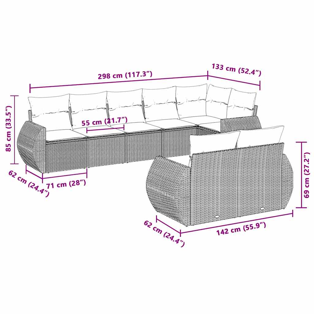 8 pcs conj. sofás jardim c/ almofadões vime PE cinzento-claro