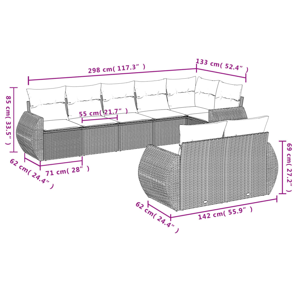 8 pcs conjunto sofás de jardim c/ almofadões vime PE castanho