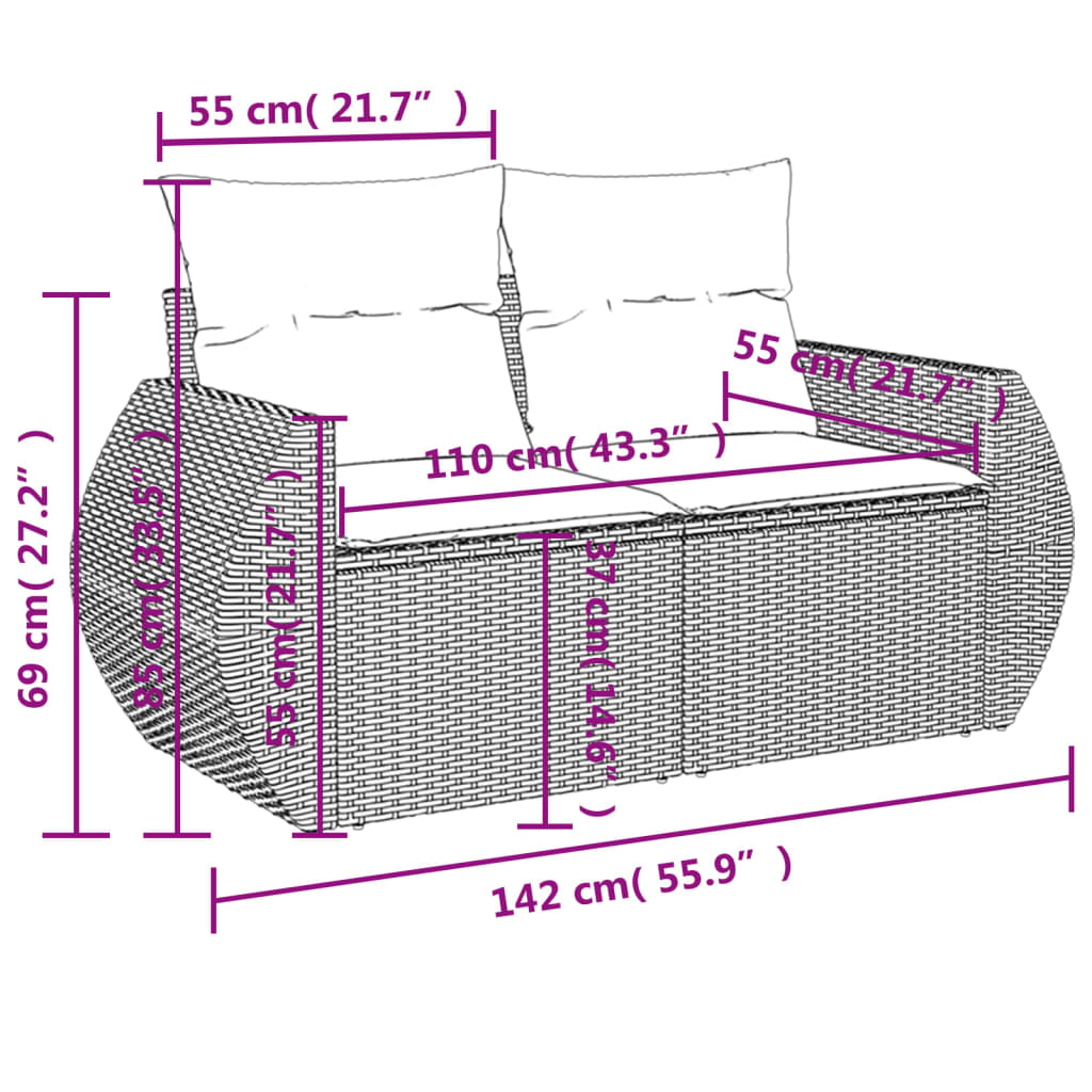8 pcs conjunto sofás de jardim c/ almofadões vime PE castanho