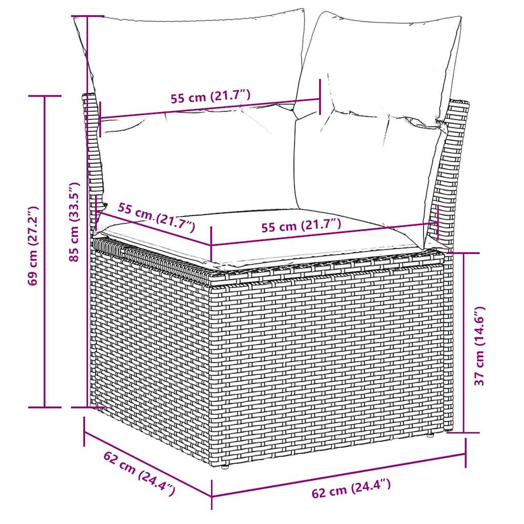 8 pcs conj. sofás jardim c/ almofadões vime PE cinzento-claro