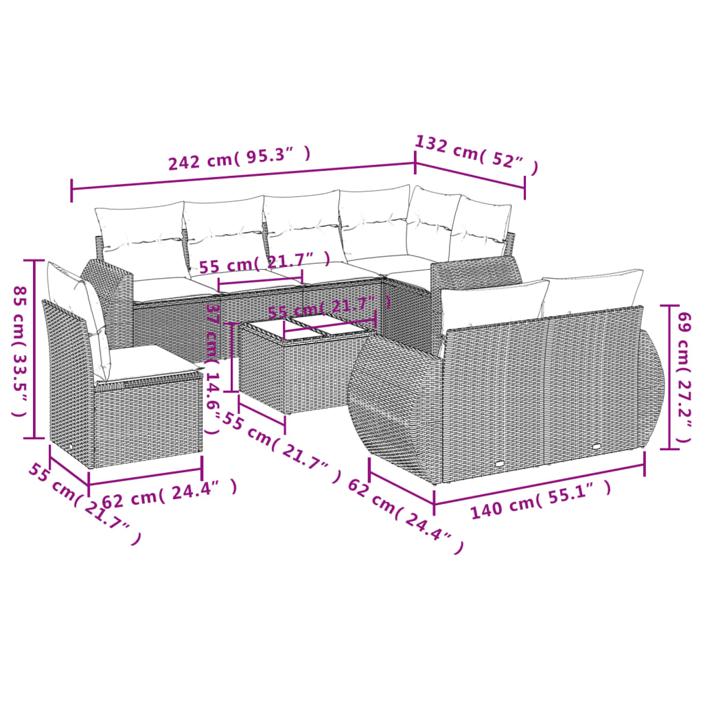 8 pcs conjunto sofás de jardim c/ almofadões vime PE castanho
