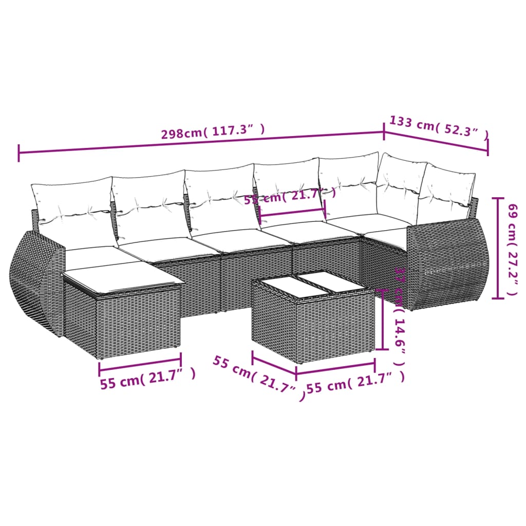 8 pcs conjunto sofás de jardim c/ almofadões vime PE castanho