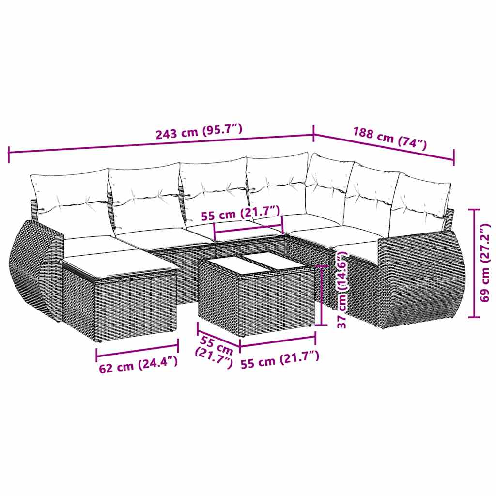 8 pcs conj. sofás jardim c/ almofadões vime PE cinzento-claro