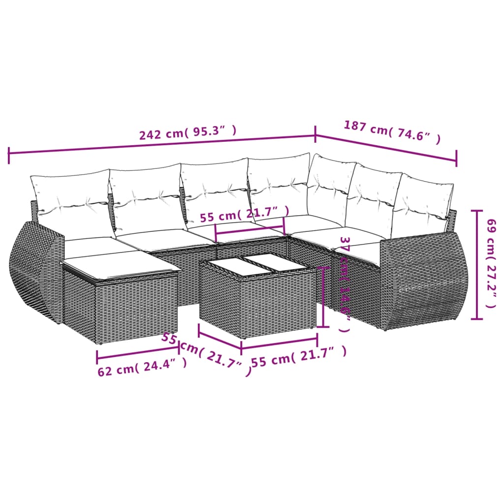 8 pcs conjunto sofás de jardim c/ almofadões vime PE castanho
