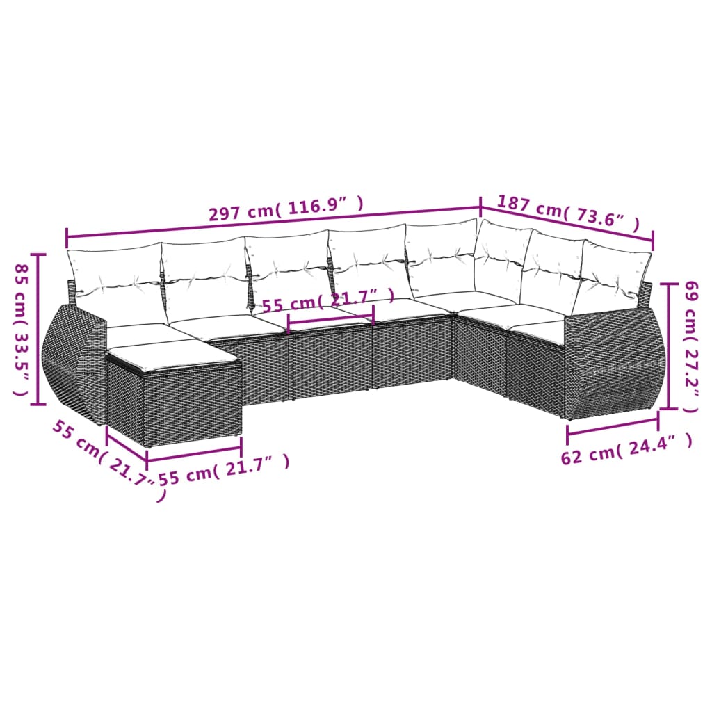 8 pcs conjunto sofás de jardim c/ almofadões vime PE castanho