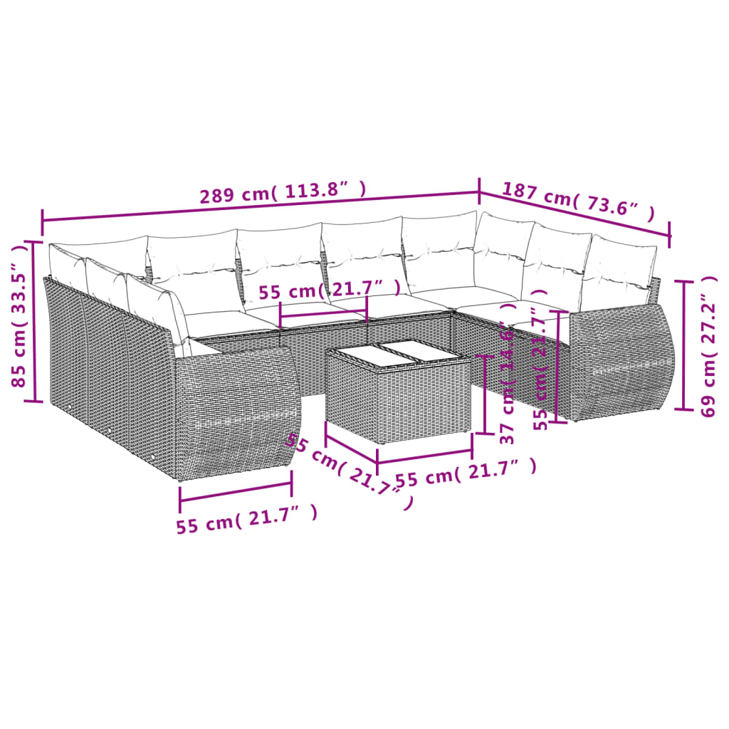10 pcs conjunto de sofás p/ jardim com almofadões vime PE bege